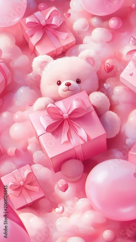 Cute pink teddy bear holding gift box floating among pastel clouds and balloons