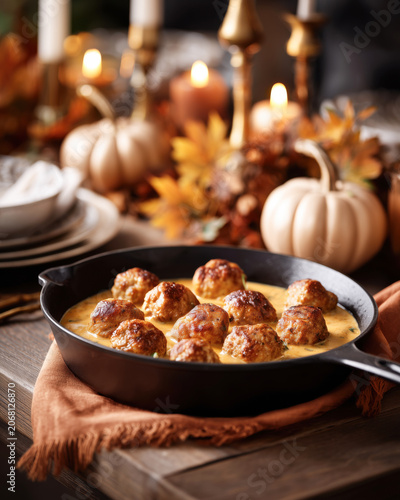 Juicy meatballs in creamy sauce served in a cast iron pan on a cozy autumn-themed table with pumpkins, candles, and warm tones in the background