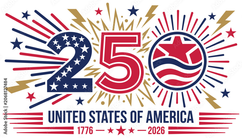 Obraz premium Modern fireworks and lightning bolt celebration for american 250 years anniversary design.