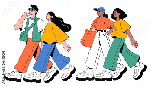 Diverse young adults walking together in casual modern outfits during daytime with clean background for advertising