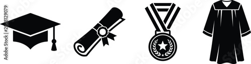 Fotografie Black graduation icons set including cap, diploma, medal and gown