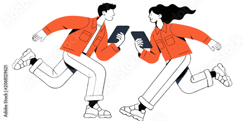 Two people running with tablets in a modern flat illustration style with white background