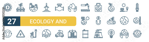 Set of 27 thin line Ecology and Energy icons for app screens, websites and product dashboards. Outline vector pack featuring nuclear, t shirt, recycle, danger, industry and plug.
