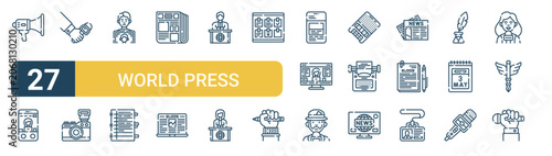 Set of 27 thin line World Press Freedom Day icons for app screens, websites and product dashboards. Outline vector pack featuring megaphone, smartphone, interview, camera, journalist and notes.