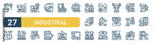 Set of 27 thin line Industrial Process icons for app screens, websites and product dashboards. Outline vector pack featuring hine, defect, supplier, assembly line, computer and maintenance.