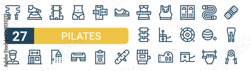 Set of 27 thin line Pilates icons for app screens, websites and product dashboards. Outline vector pack featuring skipping rope, headband, bosu ball, gym, low foldind mat and shower head.