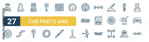 Set of 27 thin line Car Parts and Service icons for app screens, websites and product dashboards. Outline vector pack featuring car wash, wheel, car seat, chain, air filter and car key.