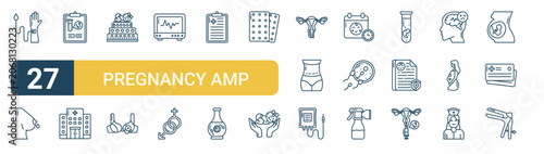 Set of 27 thin line Pregnancy Amp Maternity icons for app screens, websites and product dashboards. Outline vector pack featuring blood, milk, report, hospital, cake and bra.