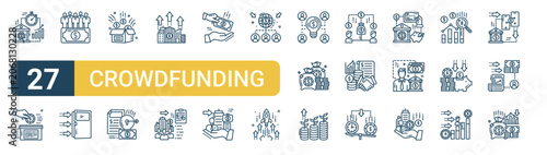 Set of 27 thin line Crowdfunding icons for app screens, websites and product dashboards. Outline vector pack featuring Revenue, funding, workers, exit, open box and document.