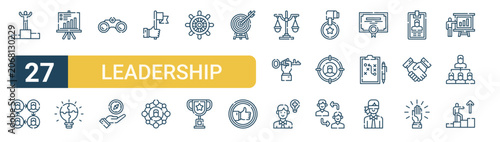 Set of 27 thin line Leadership icons for app screens, websites and product dashboards. Outline vector pack featuring success, teamwork, presentation, puzzle, vision and direction.