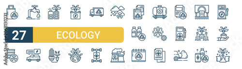 Set of 27 thin line Ecology icons for app screens, websites and product dashboards. Outline vector pack featuring recycle bag, barrel, save water, electric car, eco battery and light bulb.