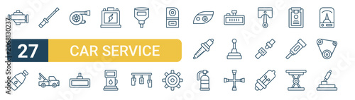 Set of 27 thin line Car Service icons for app screens, websites and product dashboards. Outline vector pack featuring engine, lubricant, screwdriver, tow truck, turbo and mirror.