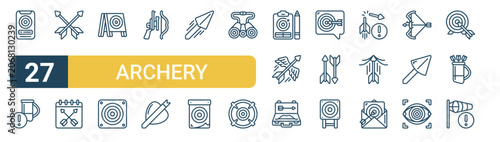 Set of 27 thin line Archery icons for app screens, websites and product dashboards. Outline vector pack featuring smartphone, quiver, arrow, calendar, archery board and target.
