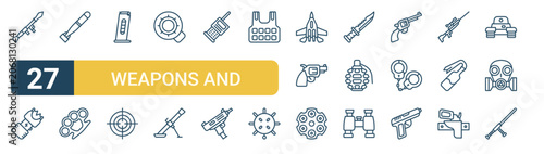 Obraz na plátně Set of 27 thin line Weapons and Amunition icons for app screens, websites and product dashboards