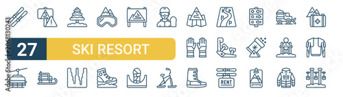 Set of 27 thin line Ski Resort icons for app screens, websites and product dashboards. Outline vector pack featuring skis, lift,. Thin isolated on white background, sled, tree and glacier.