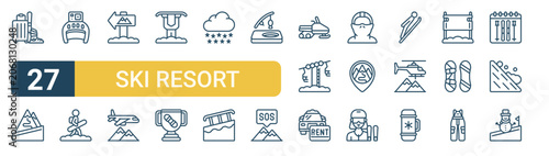Set of 27 thin line Ski Resort icons for app screens, websites and product dashboards. Outline vector pack featuring luggage, mountains, helmet, person, signpost. Thin signpost isolated on white
