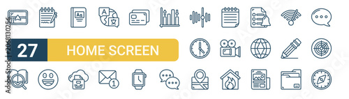 Set of 27 thin line Home Screen Apps icons for app screens, websites and product dashboards. Outline vector pack featuring navigation, books, notes, emojis, dictionary and cloud data.