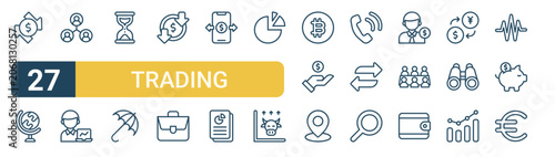 Set of 27 thin line Trading icons for app screens, websites and product dashboards. Outline vector pack featuring trading, globe, network, trader, hourglass and umbrella.