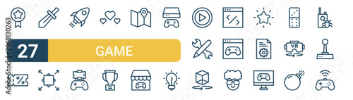 Set of 27 thin line Game Development icons for app screens, websites and product dashboards. Outline vector pack featuring award, discount coupon, sword, expand, launch and game pad.
