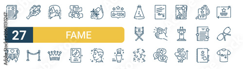 Set of 27 thin line Fame icons for app screens, websites and product dashboards. Outline vector pack featuring contract, fan, flower, rope, writer and crown.