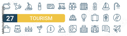 Set of 27 thin line Tourism icons for app screens, websites and product dashboards. Outline vector pack featuring exchange, shopping, whale, backpack, yacht and nature.