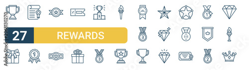 Set of 27 thin line Rewards icons for app screens, websites and product dashboards. Outline vector pack featuring trophy, gift, diploma, medal, badge and belt.