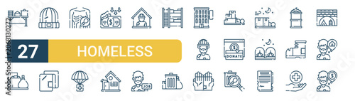 Set of 27 thin line Homeless icons for app screens, websites and product dashboards. Outline vector pack featuring food stall, garbage, beanie, blanket, hunger and aid.