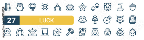 Set of 27 thin line Luck icons for app screens, websites and product dashboards. Outline vector pack featuring bamboo, coins, gold pot, horseshoe, chinese lantern and Gold Ingots.