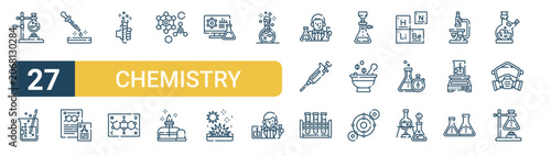 Set of 27 thin line Chemistry icons for app screens, websites and product dashboards. Outline vector pack featuring flask, beaker, dropper, reports, test tube and formula.