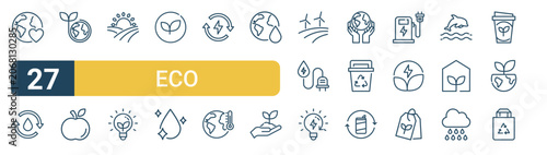 Set of 27 thin line Eco icons for app screens, websites and product dashboards. Outline vector pack featuring eco, eco, eco, and