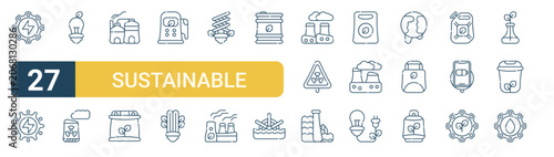 Set of 27 thin line Sustainable Energy icons for app screens, websites and product dashboards. Outline vector pack featuring renewable energy, solar energy, light bulb, nuclear power, biogas and