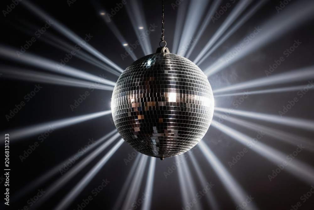Obraz premium Mirror disco ball hangs suspended. Light beams radiate outwards through smoke creating atmosphere. Used for parties clubs music events retro decor.