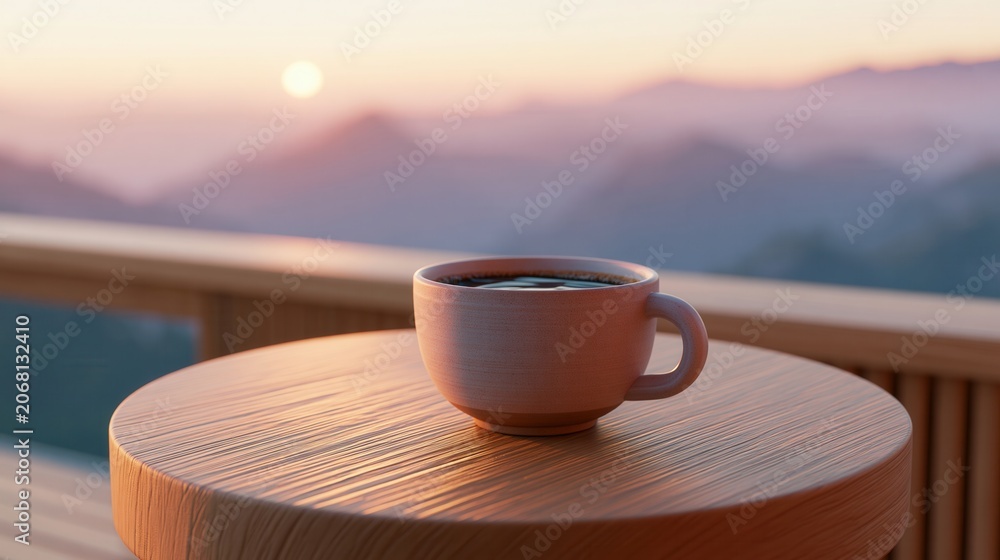 Obraz premium Coffee cup on wooden table at terrace with mountain view during sunset