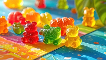 Assortment of Whimsical Fruit Flavored Gummy Candies in Adorable Animal Shapes Scattered on a Vibrant Surface