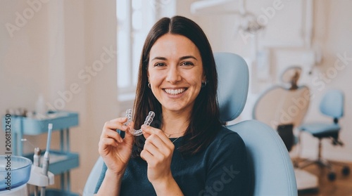Smiling female dentist in white coat holds dental aligners in modern clinic close up