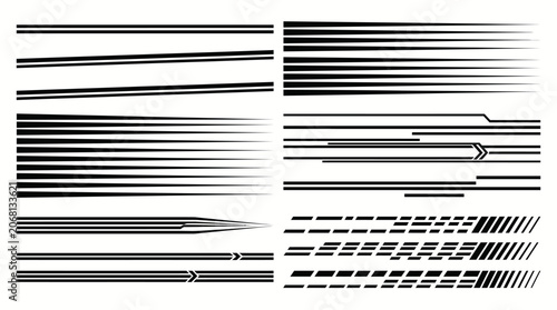 Collection of abstract graphic elements featuring speed lines, racing stripes, and dynamic motion effects in black and white.