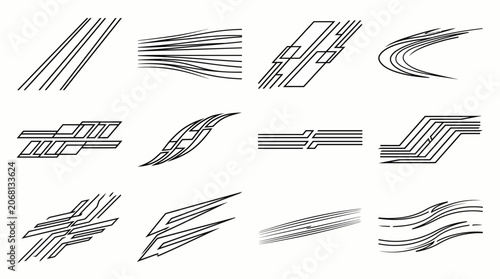 Collection of 12 abstract racing stripe decals and graphic elements for vehicle customization and design.