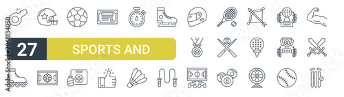 Set of 27 outline Sports and Awards icons for modern UI, landing pages and digital services. Editable stroke collection with whistle, skates, helmet, thumbs up, medal and fortune.