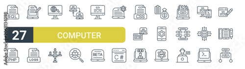 Set of 27 outline Computer Programming icons for modern UI, landing pages and digital services. Editable stroke collection with sql file, php, programming, search, development and programmer.