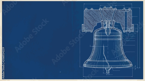 Blueprint technical drawing of the Liberty Bell. Architectural cross section vector illustration. Vintage patriotic background with copy space