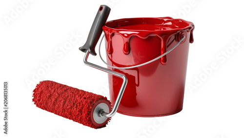 Billede på lærred Isolated vibrant red paint bucket with overflowing liquid paint and a textured r