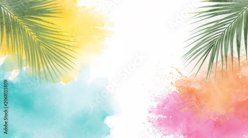 Abstract Summer Background with Tropical Palm Leaves and Colorful Watercolor Splashes