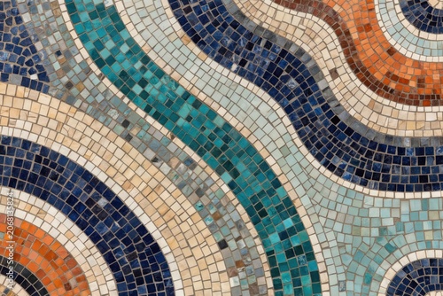 Close up of wavy mosaic pattern with small tiles in shades of blue, teal, cream, and orange. Intricate design features curved bands of color creating textured, decorative surface for backgrounds.