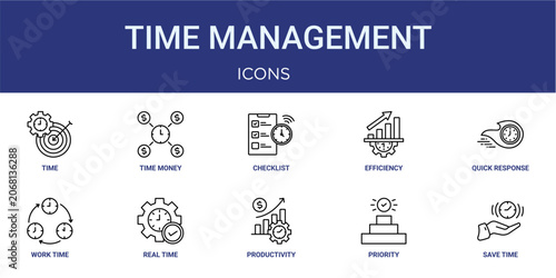 Set of 10 thin line Time Management icons for dashboards, websites and mobile app layouts. Editable outline vector pack featuring in time, checklist, quick response, real time and save time.