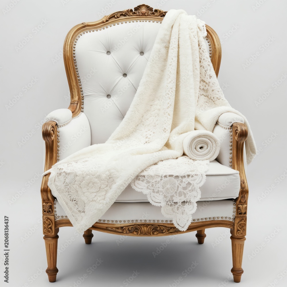 Naklejka premium Ornate gold armchair draped with plush white blanket. Features elegant lace trim, button tufting. Cozy, sophisticated seating for home decor.