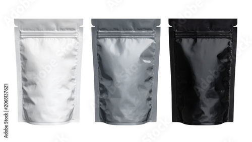 Obraz na płótnie Isolated realistic flexible stand up pouch bags in white, silver, and black for