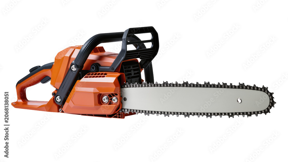 Fototapeta premium Isolated professional orange and black gasoline powered chainsaw for wood cutting and logging work