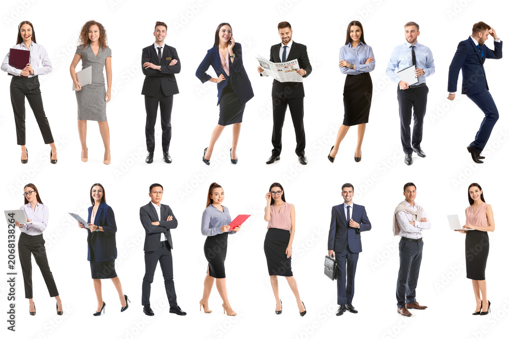 Fototapeta premium Diverse business professionals standing in various poses, corporate teamwork and global workforce concept, isolated on white background