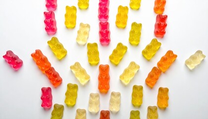 Colorful fruit gummy bears meticulously arranged creating a vibrant gradient effect