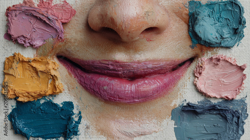 Smiling lips on canvas surrounded by colorful paint swatches